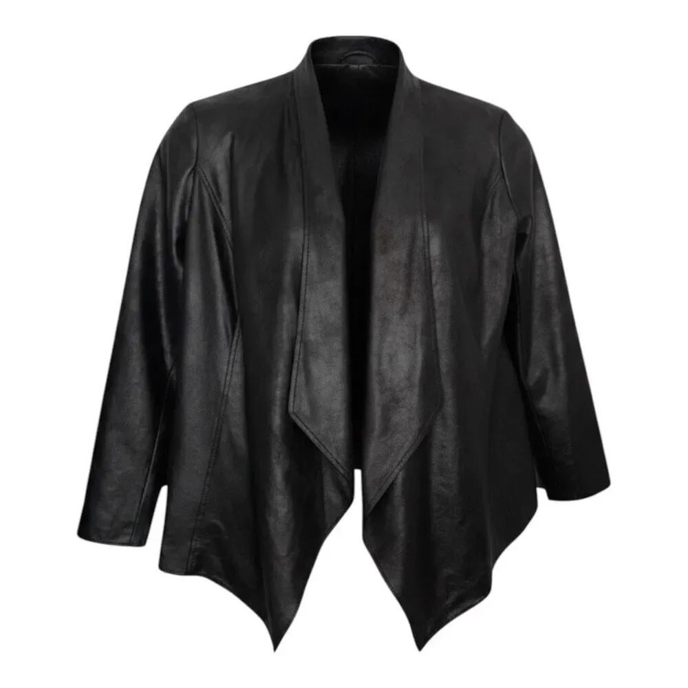 JM Collection Vegan Leather Draped Black Jacket Size M Open Front Blazer Casual
